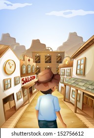 Illustration of a young man with a hat going to the saloon bar
