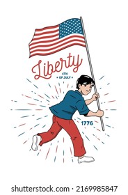 An illustration of a young man holding American flag on the 4th of July