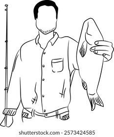 Illustration of a young man holding a fishing rod and catch