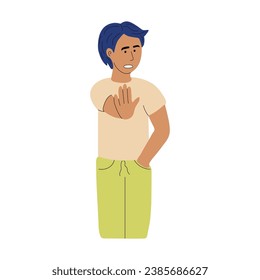 Illustration of a young man holding out his hand to restrain someone. Hand-drawn illustration