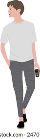 An illustration of a young man holding a takeaway coffee.