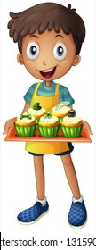 Illustration of a young man holding a tray with cupcakes on a white background