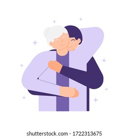 illustration of a young man hugging his elderly mother. the concept of loving parents, family, or mother. Happy Mother's Day. flat design. can be used for elements, landing pages, UI.