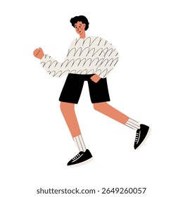 Illustration of a young man jogging. He wears a white sweater with a wavy pattern, black shorts, and sneakers. He appears in motion. Flat vector illustration.