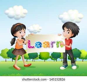Illustration of a young man and a young lady holding a banner