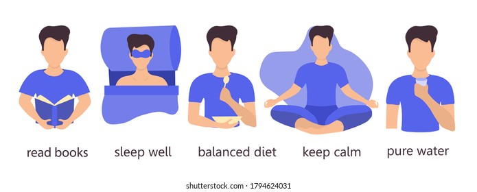 Illustration of a young man leading a healthy lifestyle. Reads books, eats right, drinks water, sleeps enough, meditates. Infographics for presentations and reports. Flat design isolated on white