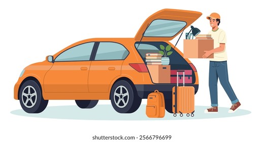 Illustration of a young man loading boxes and luggage into the trunk of a car, preparing for a move.