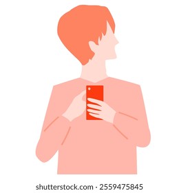 Illustration of a young man looking sideways while holding a smartphone.