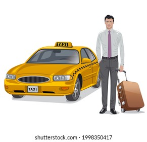 Illustration of the young man with luggage and taxi car