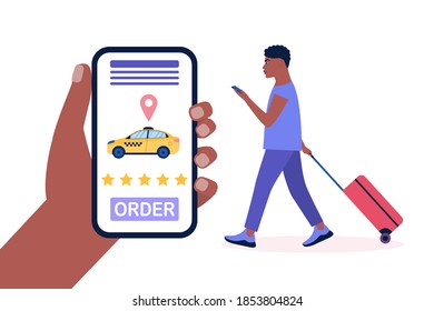 Illustration of young man with luggage who called a taxi. Colorful flat vector illustration.