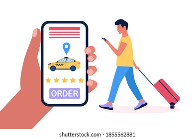 Illustration of young man with luggage who called a taxi. Colorful flat vector illustration.