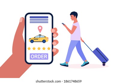 Illustration of young man with luggage who called a taxi. Colorful flat vector illustration.