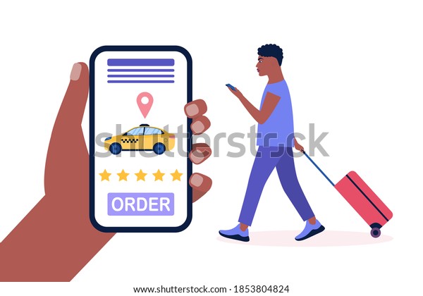 Illustration of young man with luggage who\
called a taxi. Colorful flat vector\
illustration.