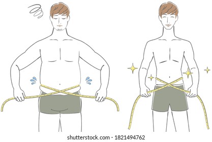 Illustration of a young man measuring his waist with a tape measure before and after dieting.