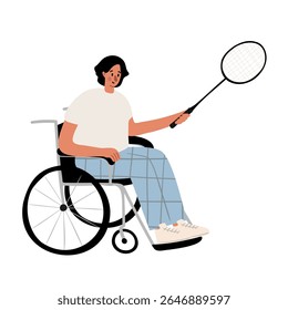Illustration of a young man playing badminton in a wheelchair. He wears a white t-shirt, blue plaid pants, and sneakers. He holds a racket in a ready position. Flat vector illustration.