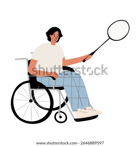 Illustration of a young man playing badminton in a wheelchair. He wears a white t-shirt, blue plaid pants, and sneakers. He holds a racket in a ready position. Flat vector illustration.