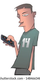 Illustration of a young man playing a game on his smart phone.