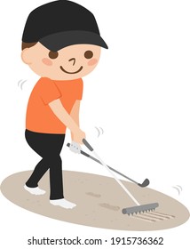 Illustration of a young man playing golf. Men use rakes to clean their bunker.