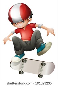 Illustration of a young man playing with his skateboard on a white background