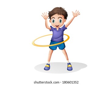 Illustration of a young man playing with the hulahoop on a white background