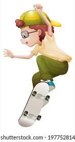 Illustration of a young man playing with the skateboard on a white background