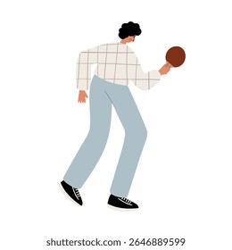 Ilustração de um jovem jogando tênis de mesa. Ele usa uma camisa xadrez branca, calças azuis claras e tênis pretos. Ele segura uma pá enquanto se prepara para atacar. Ilustração de vetor plano.
