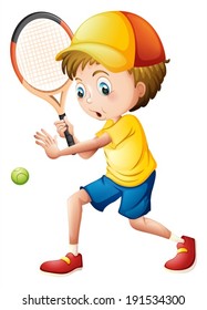 Illustration of a young man playing tennis on a white background