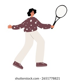 Illustration of a young man playing tennis. She wears a purple polka-dot sweater, white pants, and sneakers. She holds a racket in an action stance. Flat vector illustration.