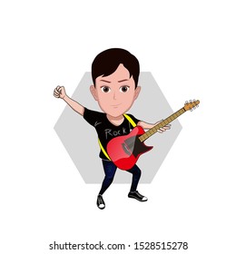 illustration of a young man posing in a rock star style. hands clenched while playing the electric guitar with a t shirt labeled rock. Vector cartoons that can be used for caricature or mascot.