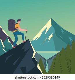 Illustration of a young man reaching the top after climbing