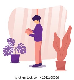 Illustration of a young man reading a book. Flat character design.