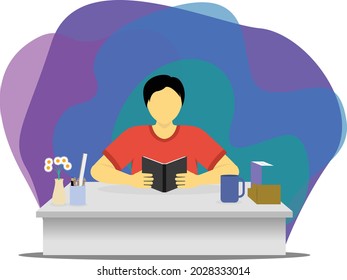 illustration of a young man reading a book in his study