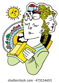 Illustration of a young man reading and day dreaming