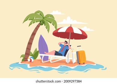 Illustration of young man relaxing at the beach during summer holiday.