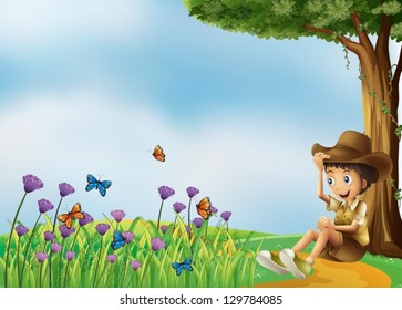 Ilustración de un joven descansando frente a las mariposas
