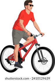 Illustration of a young man riding a bicycle on isolated white background