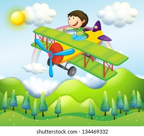 Illustration of a young man riding in a colorful plane