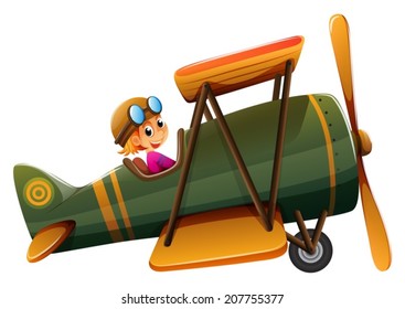 Illustration of a young man riding on a vintage plane on a white background