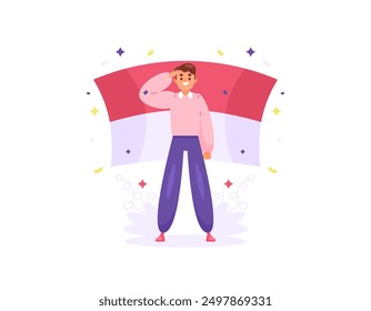 illustration of a young man saluting the indonesian flag. red and white flag. celebrating indonesian national days. independence day, heroes day, youth pledge day. flat style design. graphic elements