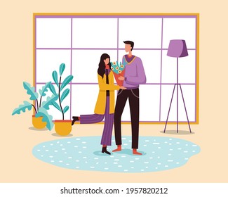 Illustration of a young man saying love to a young woman in love with a beautiful bouquet of flowers to her. vector illustration flat design