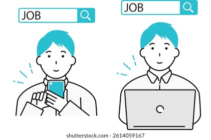 Illustration of a young man searching for work using a smartphone or PC