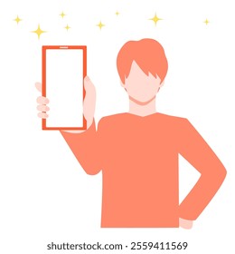 Illustration of a young man showing a smartphone screen.