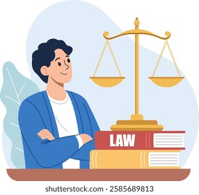 Illustration of a young man sits at a table with a confident expression. In front of him is a scale, a symbol of justice, along with a book on the law.