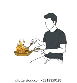 Illustration of a young man sitting by a campfire holding a stick. Outdoor camping, survival, nature, adventure, fire, warmth, leisure, and relaxation. Sketch style.