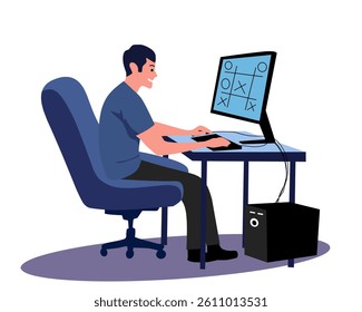 illustration of a young man sitting at a desk playing a game on a computer. Flat design style. Concept of online gaming, leisure, or remote activity