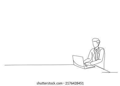 Illustration of young man sitting at his desk in the office searching for news via internet connection. One line design style
