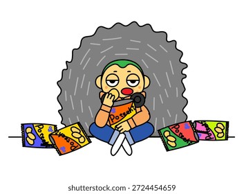 An illustration of a young man sitting listlessly and feeling stressed.