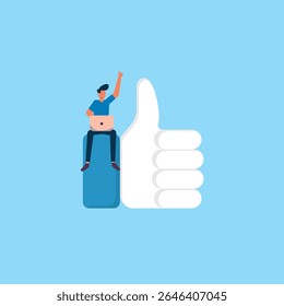 Illustration of a Young Man Sitting on a Laptop Giving a Thumbs Up Gesture Against a Bright Blue Background