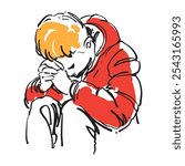An illustration of young man sitting praying wearing jacket hoodie doodle line art hand drawn artwork