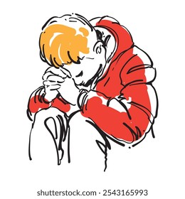 An illustration of young man sitting praying wearing jacket hoodie doodle line art hand drawn artwork